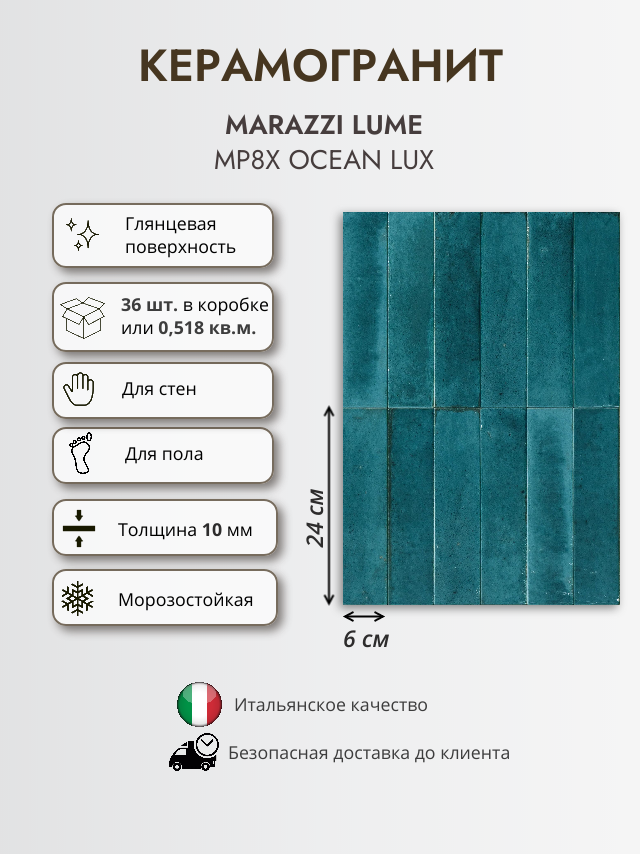 Керамогранит MARAZZI LUME MP8X Ocean LUX 6x24 см сине-зеленый глянцевый