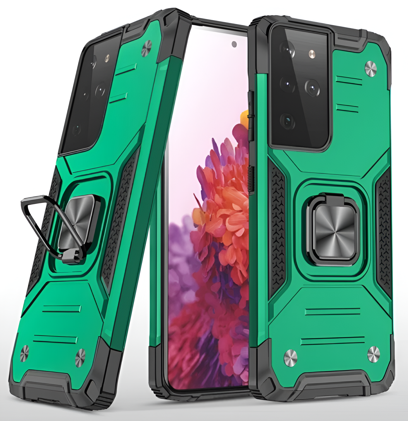 Противоударный чехол для Samsung Galaxy S21 Ultra, S30 Ultra зеленый с пластиной и кольцом подставкой
