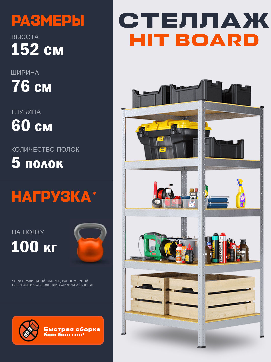 Стеллаж металлический HIT BOARD, 760 * 600 * 1520, 5 полок МДФ, оцинкованный