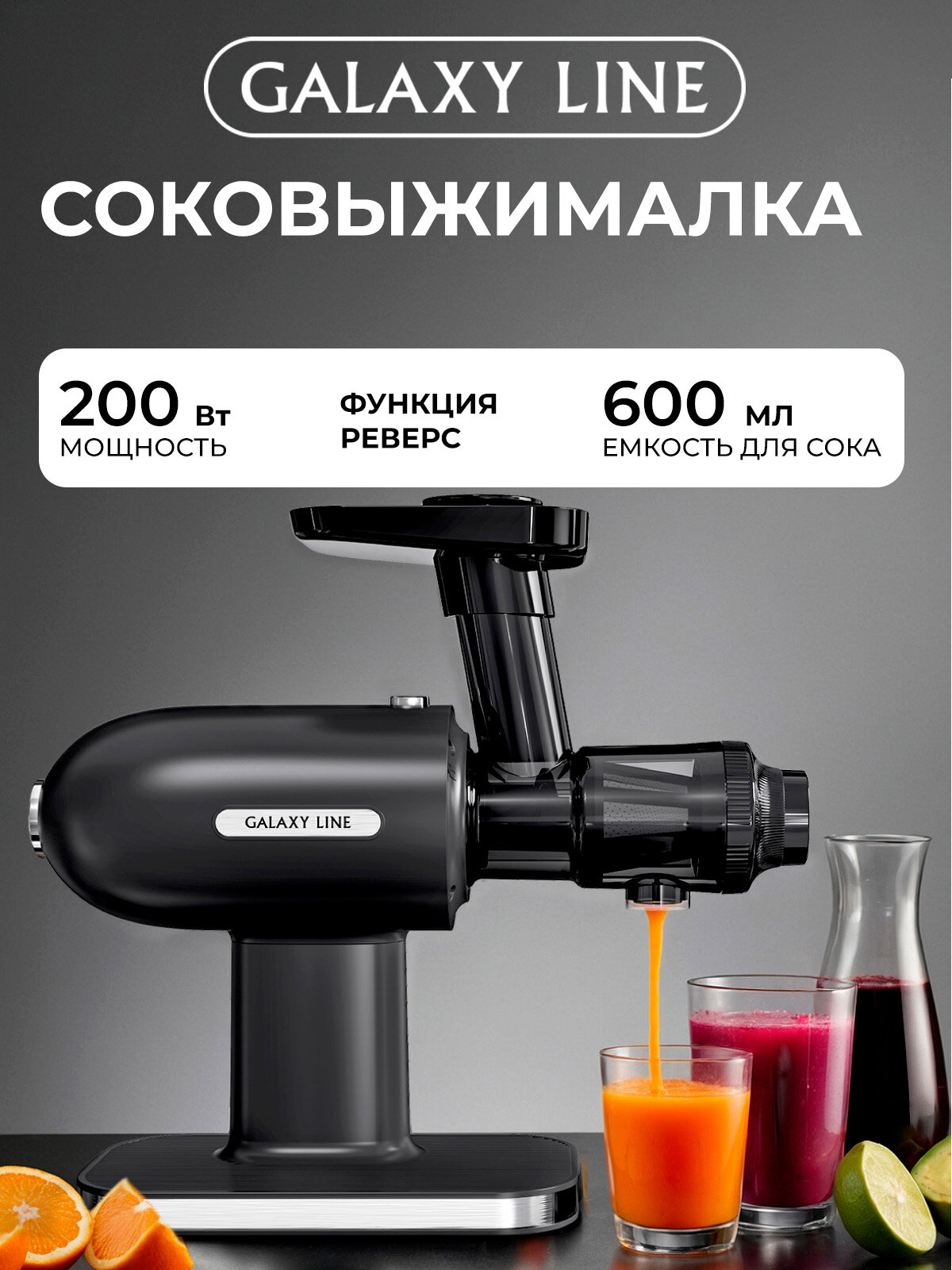 Шнековая соковыжималка GALAXY LINE GL0813, 200Вт, черная, прорезиненные ножки