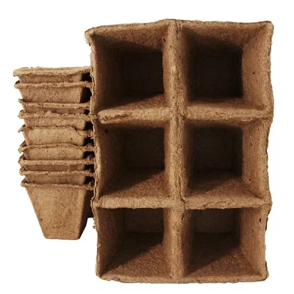 Блок торфяных горшочков для выращивания рассады (6 ячеек) - 10 шт