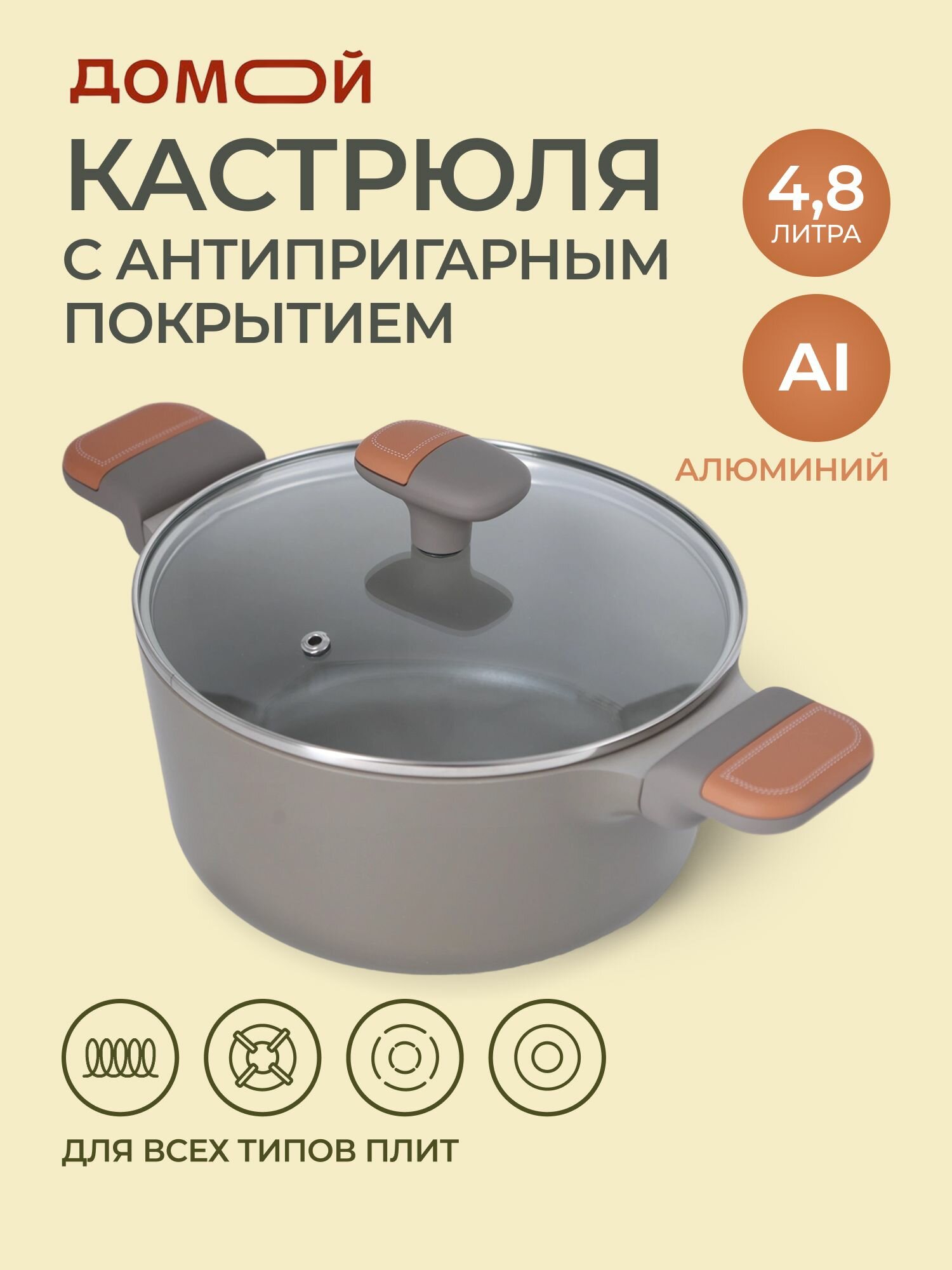 Кастрюля со стеклянной крышкой домой SL 4,8л, для индукционной плиты с антипригарным покрытием, литой алюминий