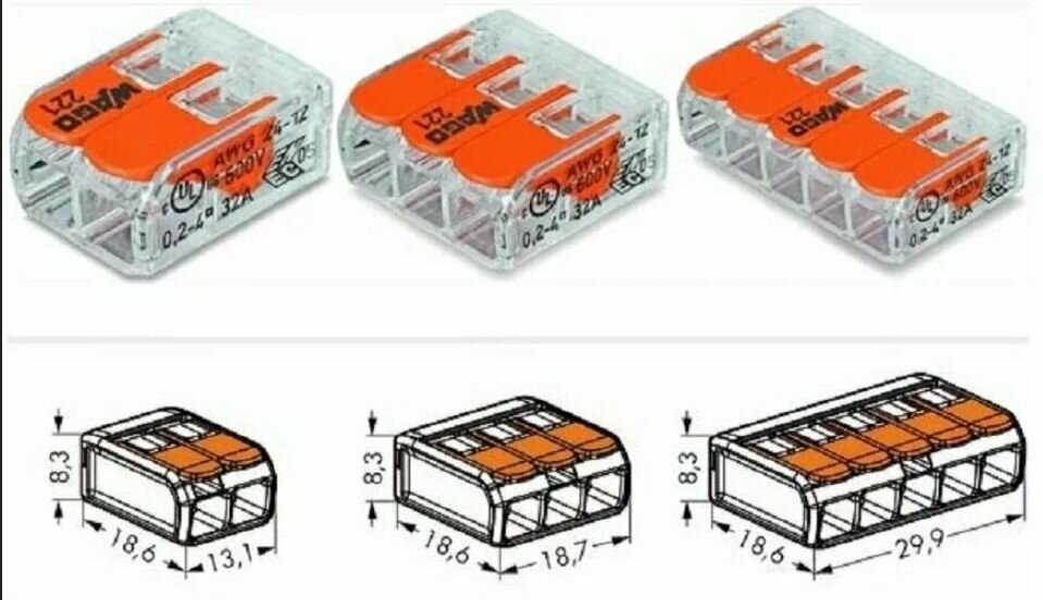 Клемма для проводов соединительная 2 контакта прозрачная тип WAGO (Ваго) 20 шт