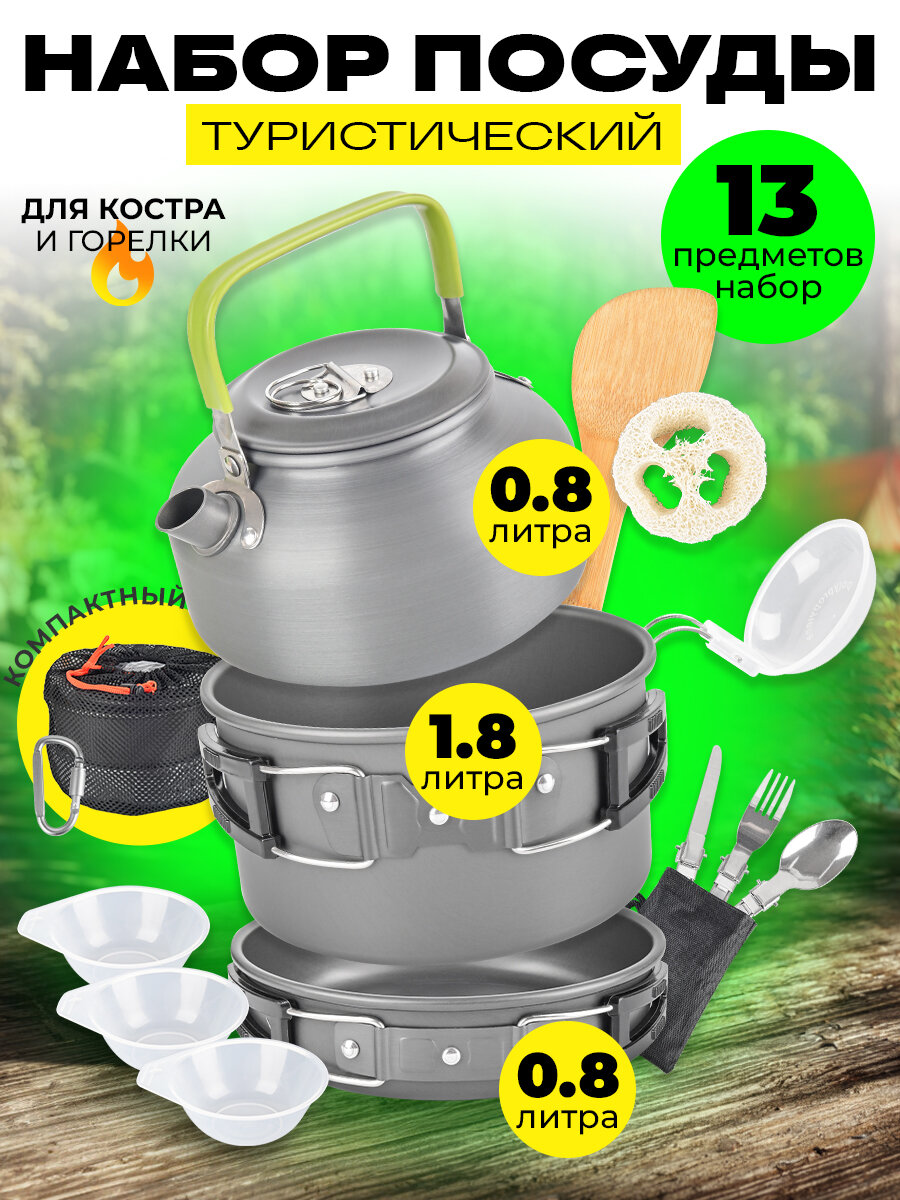 Набор туристической посуды из анодированного алюминия для путешествий  рыбалки и отдыха  чайник походный13 предметов