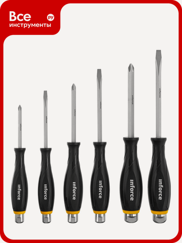 Изображение товара Набор ударных отверток Inforce 06-09-91, 6 шт, плоский и крестовый шлицы, для работы с крепежами повышенной нагрузки