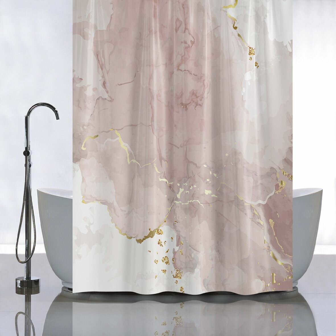 Штора для ванной комнаты, без колец Розовый мрамор с Золотом 180х180 (Санакс) 01-116