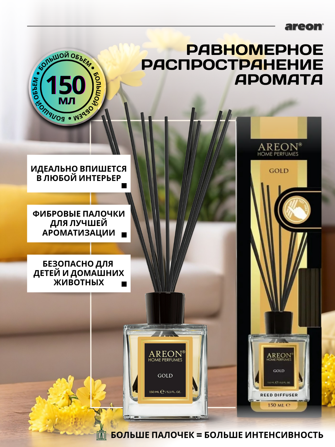Ароматизатор-диффузор для дома Areon Home Perfume серия Lux, аромат Gold, 150 мл + аромасаше в подарок — фото 1