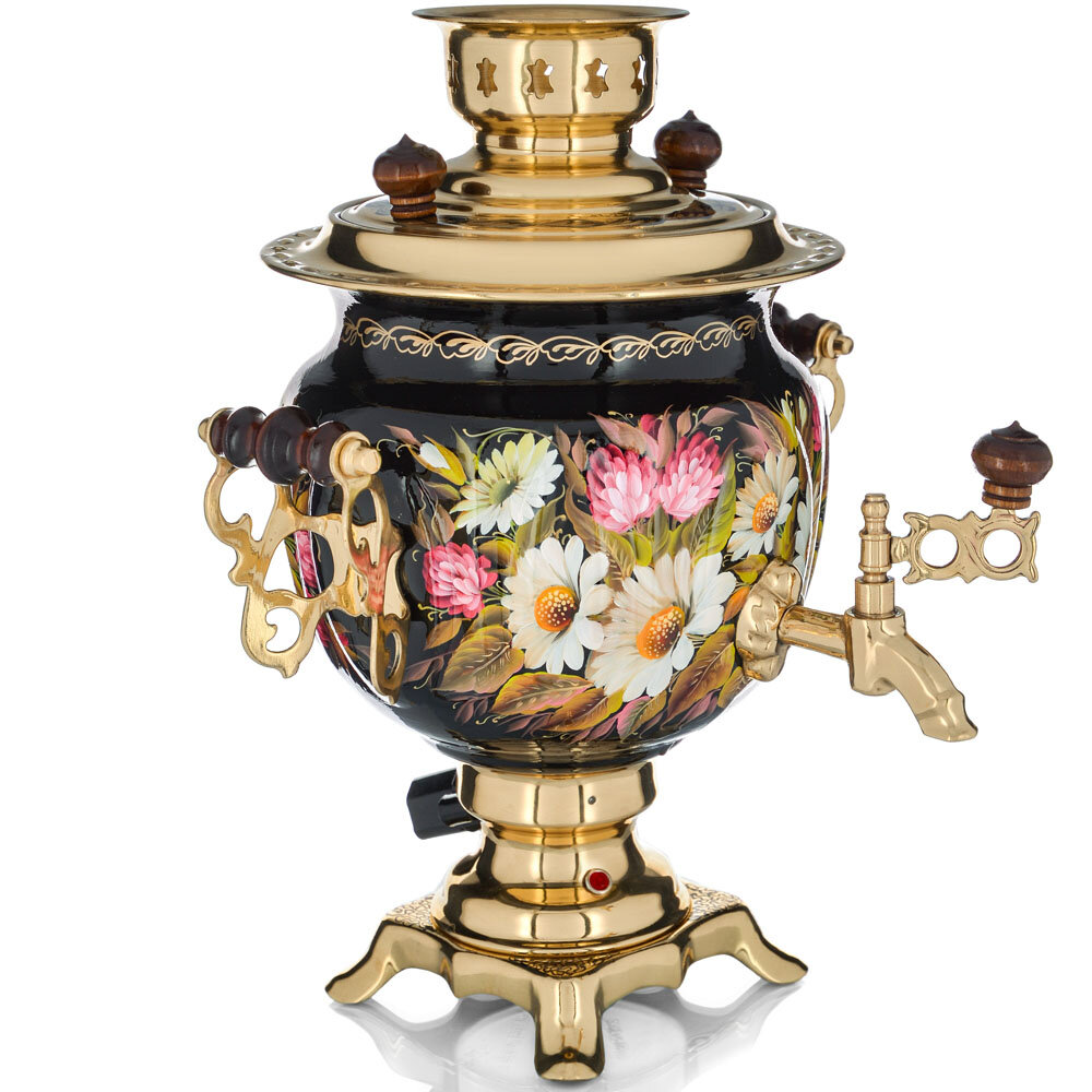 Самовар электрический 3 л с авто. откл, худ. росписью «Ромашки с клевером на чёрном» формы «Овал»