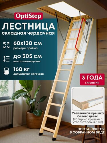 Изображение товара Чердачная складная лестница 60х130х305 OLK OptiStep трансформер выдвижная, из дерева с утепленной крышкой-люком