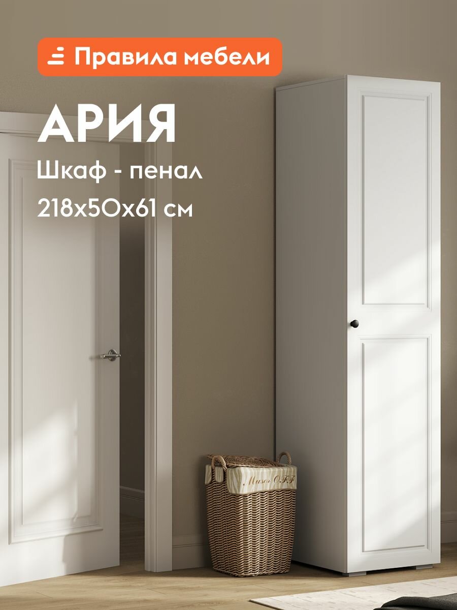 Шкаф-пенал распашной для одежды и хранения вещей Ария с полкой, со штангой, 50.2х61х217.6 см, Белый