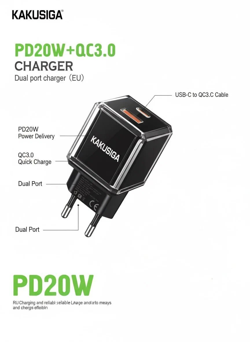 Адаптер быстрой зарядки Kakusiga QC3.0 PD20W, литой, чёрный, 2 разъема
