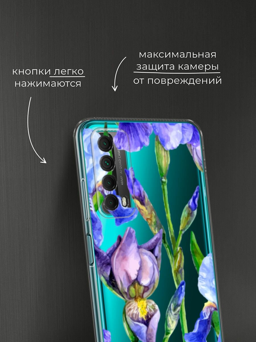Чехол на Huawei P Smart 2021 / Хуавей П Смарт 2021 с принтом "Синие ирисы", прозрачный — фото 1