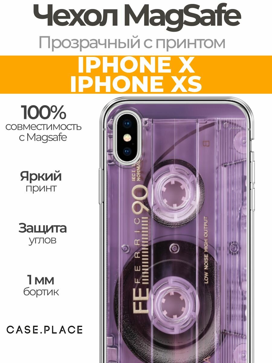 Чехол на Apple iPhone X/XS (Айфон X/XS) MagSafe с магнитом и принтом "Розовая кассета 1"