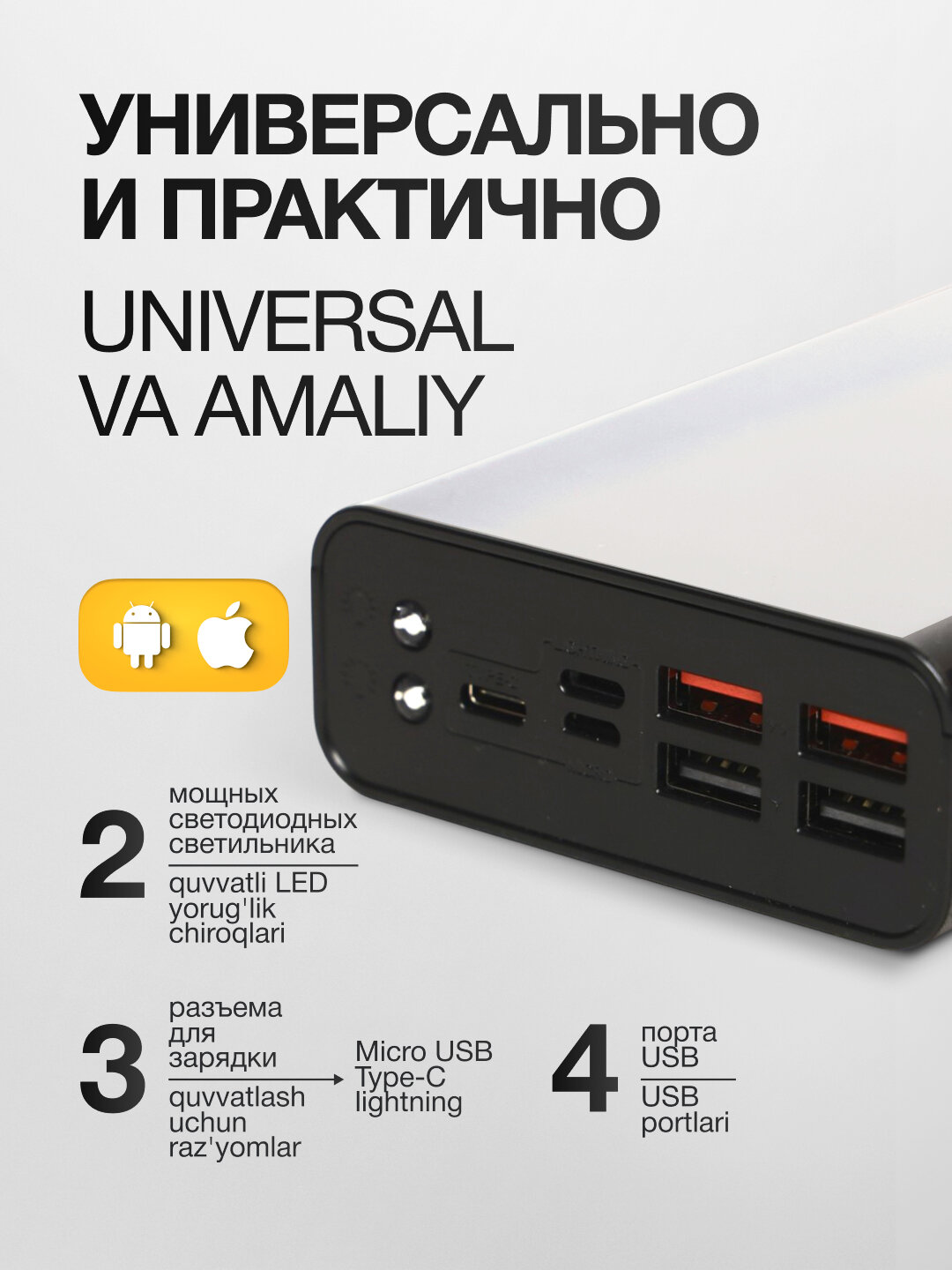 Power bank Портативный аккумулятор, 50 000mAh, Black, 66W, Li-Ion, ABS, с фонариком — фото 1