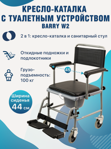 Изображение товара Кресло-каталка Barry W2, с туалетным устройством, ширина сиденья 44 см, черное