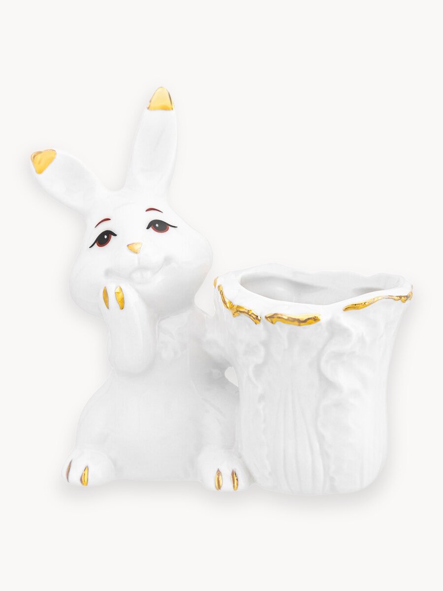 Вазочка под зубочистки 8х4х8,5 см Elan Gallery Кролик с капустой, белая с золотом