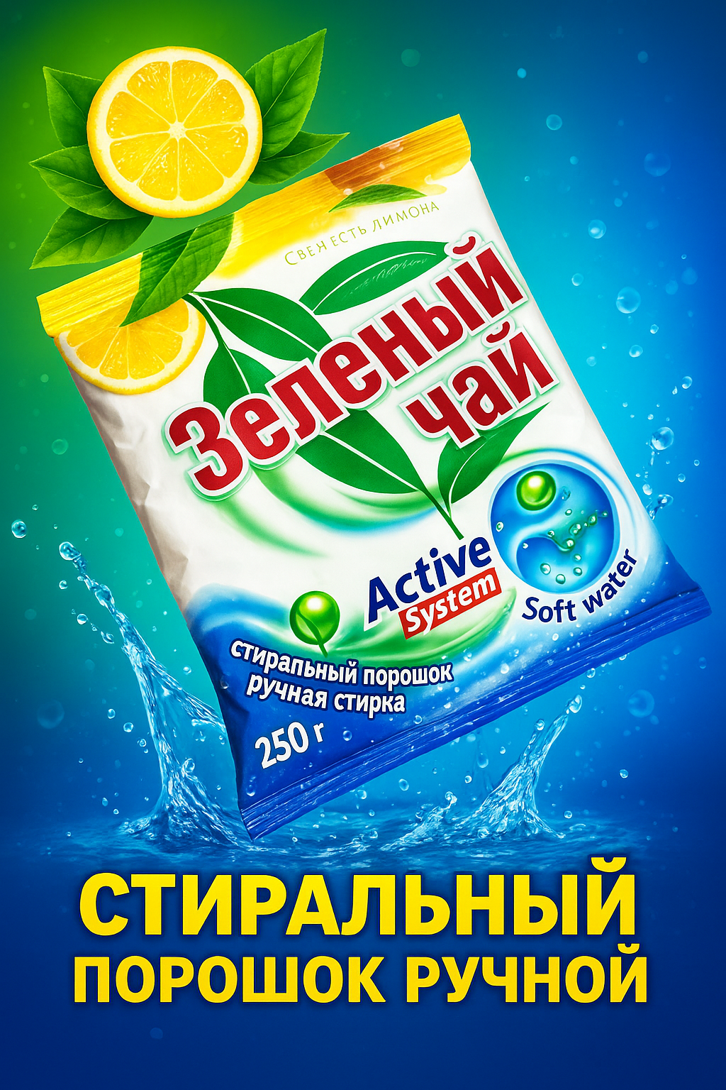 Стиральный порошок Зеленый чай, ручная стирка свежесть лимона 250 г.