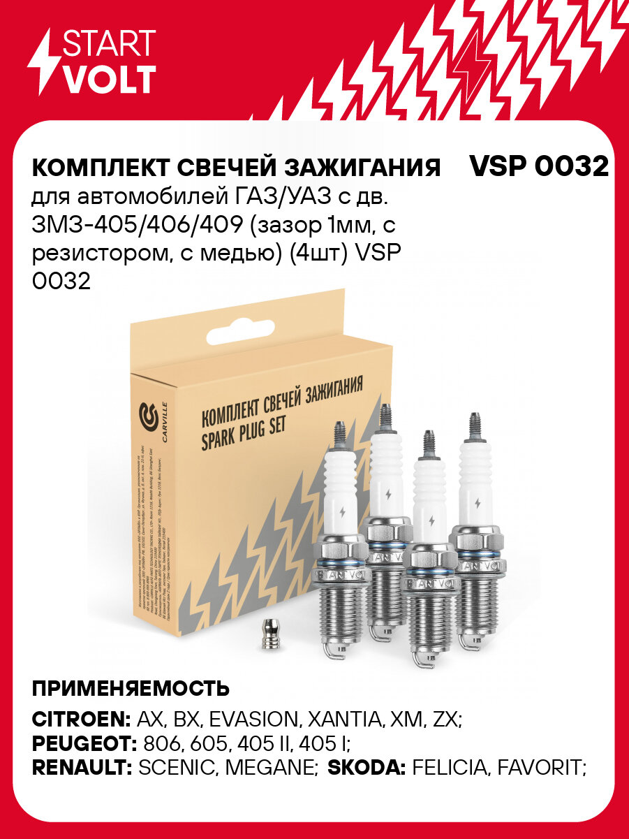 Комплект свечей зажигания для автомобилей ГАЗ/УАЗ с дв. ЗМЗ-405/406/409 (зазор 1мм, с резистором, с медью) (4шт) VSP 0032 StartVolt