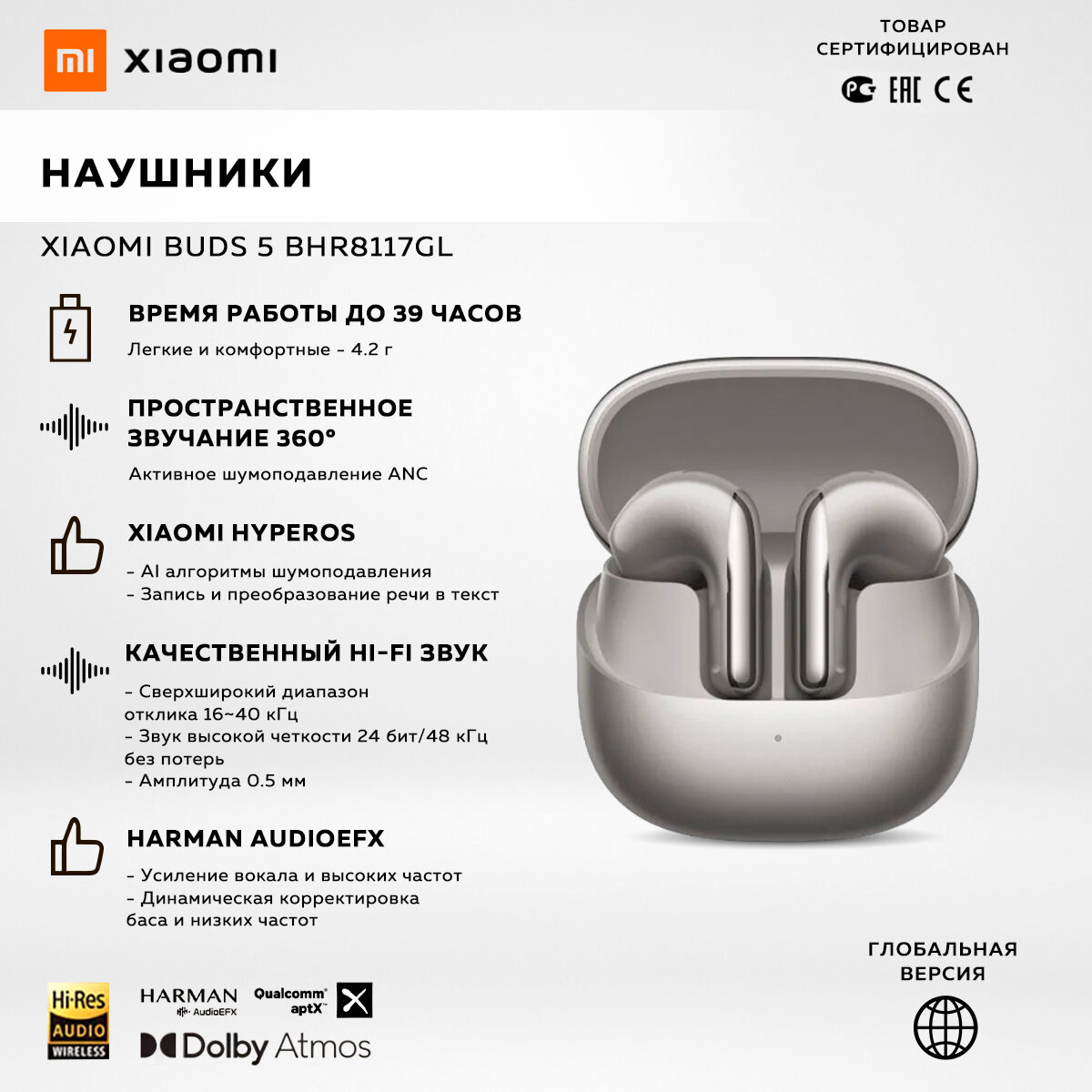 Беспроводные наушники Xiaomi Buds 5 Titan Gray(BHR8116GL) ANC