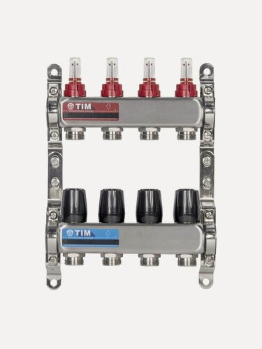 Изображение товара Коллекторная группа 4 контура с расходомерами 1" * 3/4" E, нерж. сталь, TIM, KDS5004