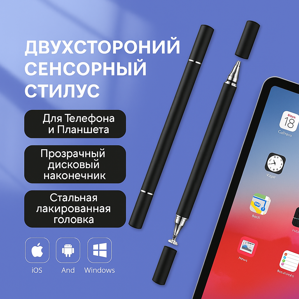 Стилус ручка 2-в-1 для сенсорных экранов — стилус + шариковая ручка, без подзарядки, для iOS / Android / Windows