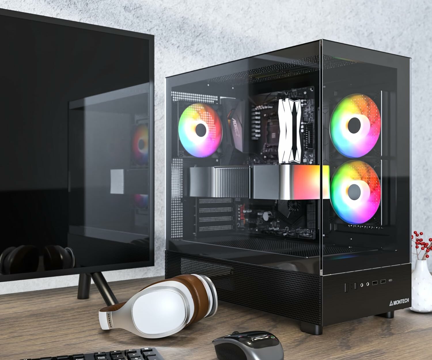 Игровой корпус MONTECH XR (ATX, Micro-ATX, Mini-ITX, стекло, ARGB вентиляторы, черный — фото 1
