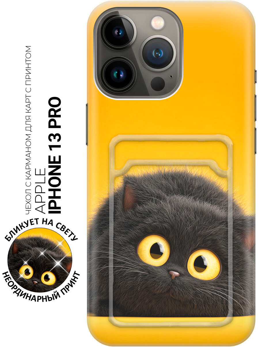 Силиконовый чехол на Apple iPhone 13 Pro с принтом "Чёрный кот на солнечном фоне" с карманом для карты