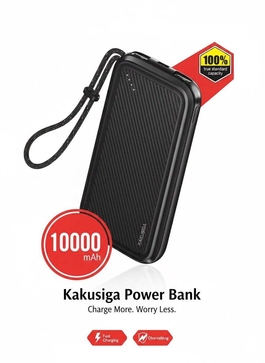 Внешний аккумулятор Kakusiga, 10 000мАч, с функцией быстрой зарядки, чёрный