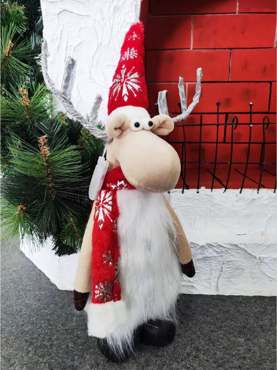 Олень рождественский со светящимися рогами в красном колпаке с шарфом, 17*13*53 — фото 1