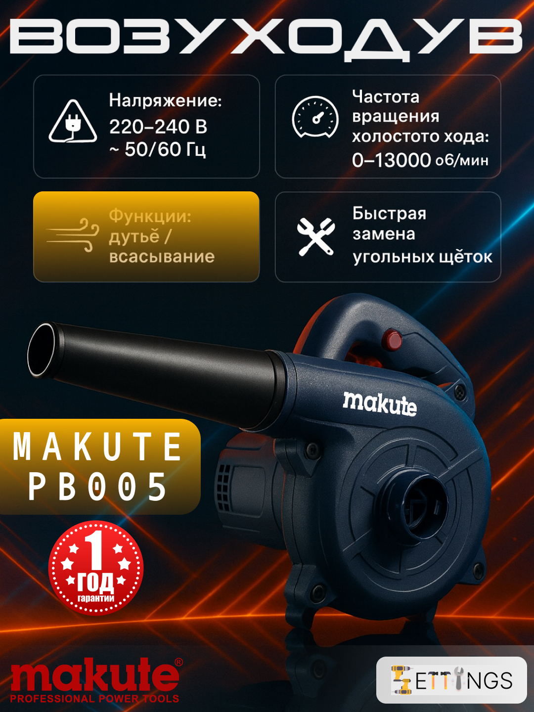 Портативный электрический воздуходув + пылесос Makute PB005, 650 Вт, регулировка скорости