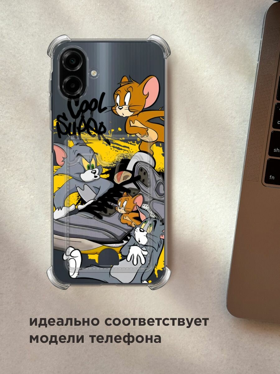 Чехол на Samsung Galaxy A07 (Самсунг А07) с картой и принтом "Том, Джерри и кроссовок" — фото 1