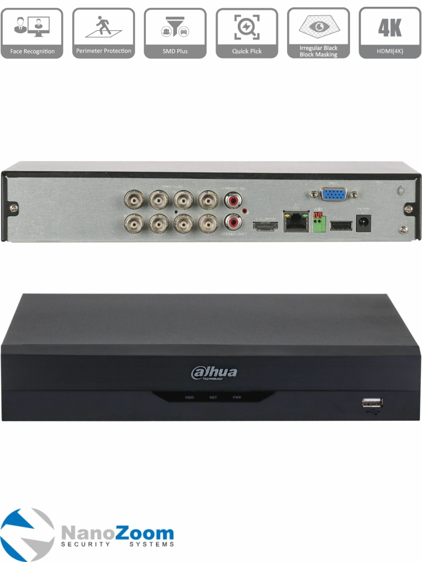 Dahua DH-XVR5108HS-5M-I3/T - 8 канальный видеорегистратор для видеонаблюдения HDCVI, XVR-регистратор гибридный 5M-N/4M-N/1080p/720p 1HDD DVR, SMD Plus H.265+/H.265, поддержка HDCVI, AHD, TVI, CVBS, IP