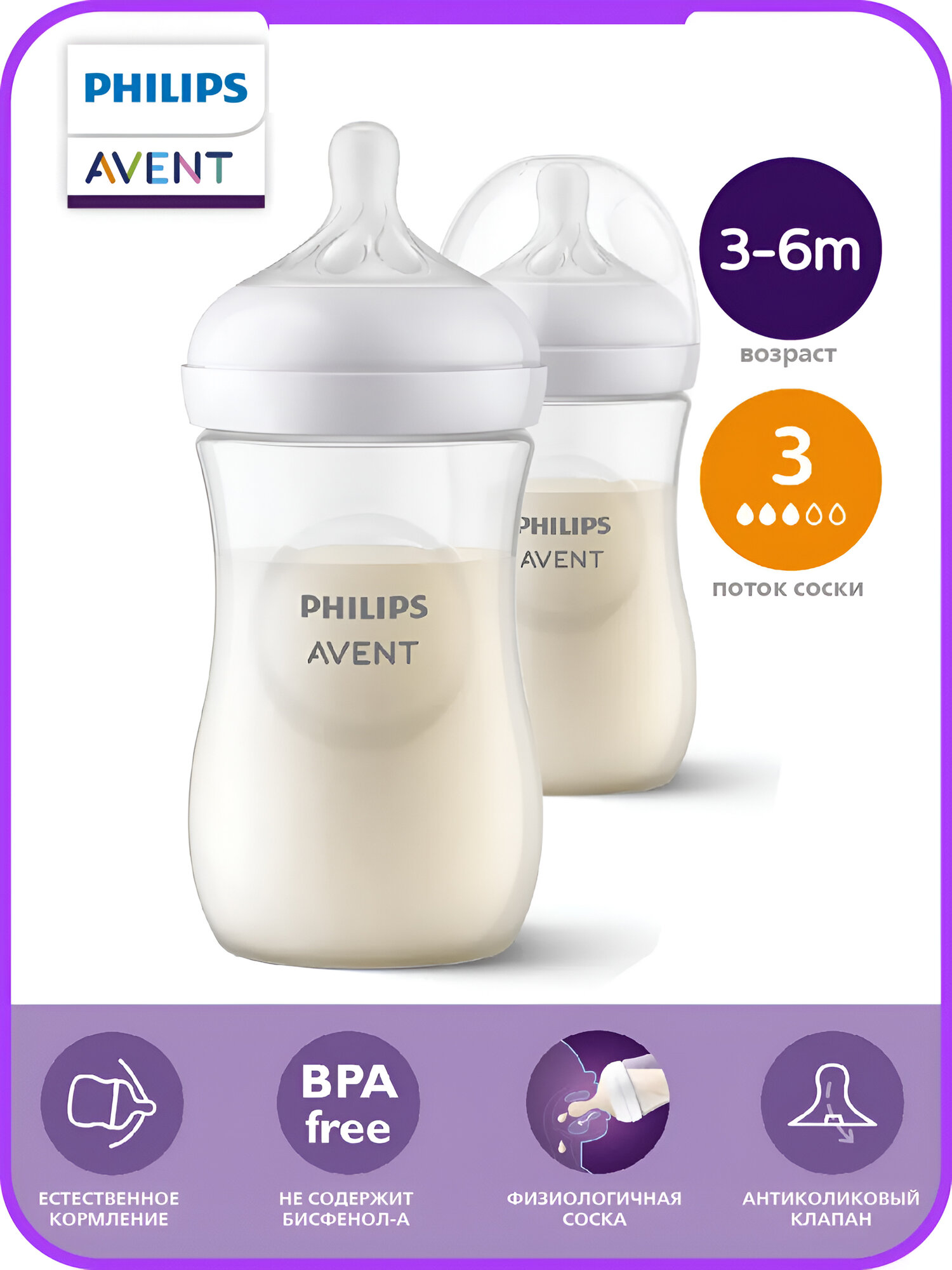 Детская бутылочка для кормления Philips Avent Response, 260 мл, 2 шт, 1+ мес, пластиковые