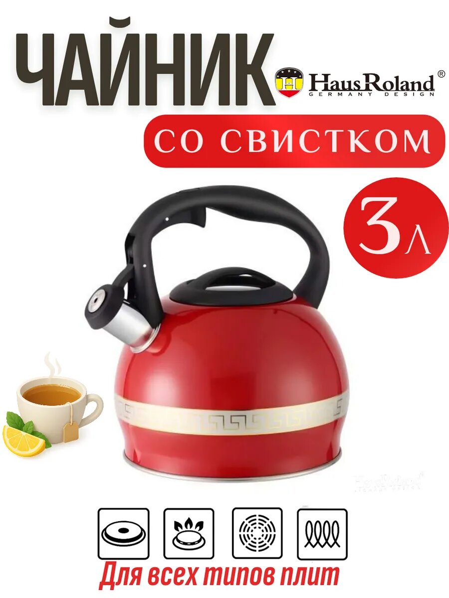 Большой чайник 3 л со свистком — Подходит для всех типов плит, матовая поверхность