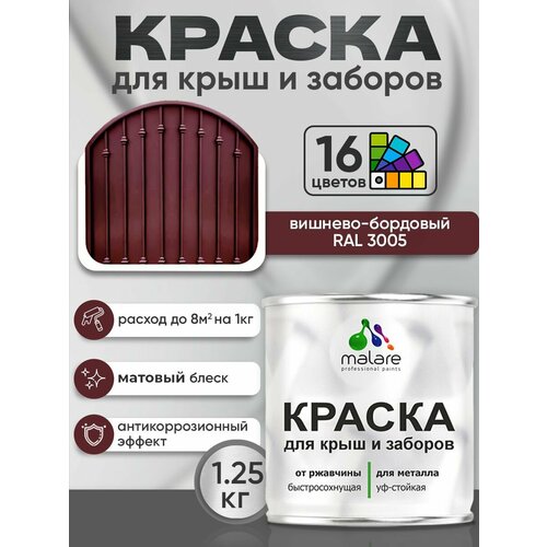 фото Краска malare для металлического забора, для крыши из металла, для металлочерепицы, антикоррозионная, матовый, вишнево-бордовый, 1,25 кг.