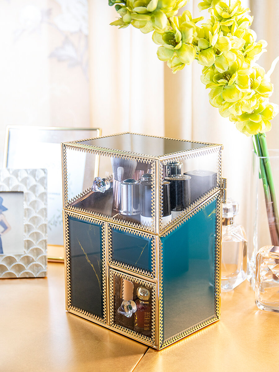 Органайзер для косметики Joli Angel SR-840 "Орхидея" стекло зеленый мрамор + прозрачный / золото, 15.5х11х20.5см