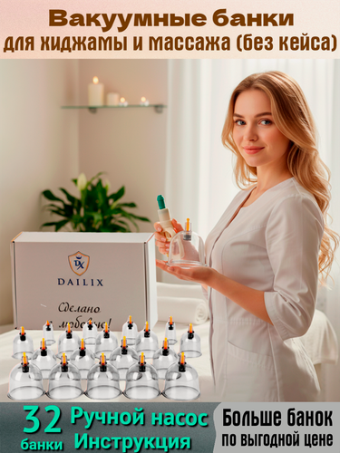 Изображение товара Вакуумные банки для массажа, для хиджамы, с насосом /профессиональный набор для массажа DAILIX, от целлюлита 32 шт.