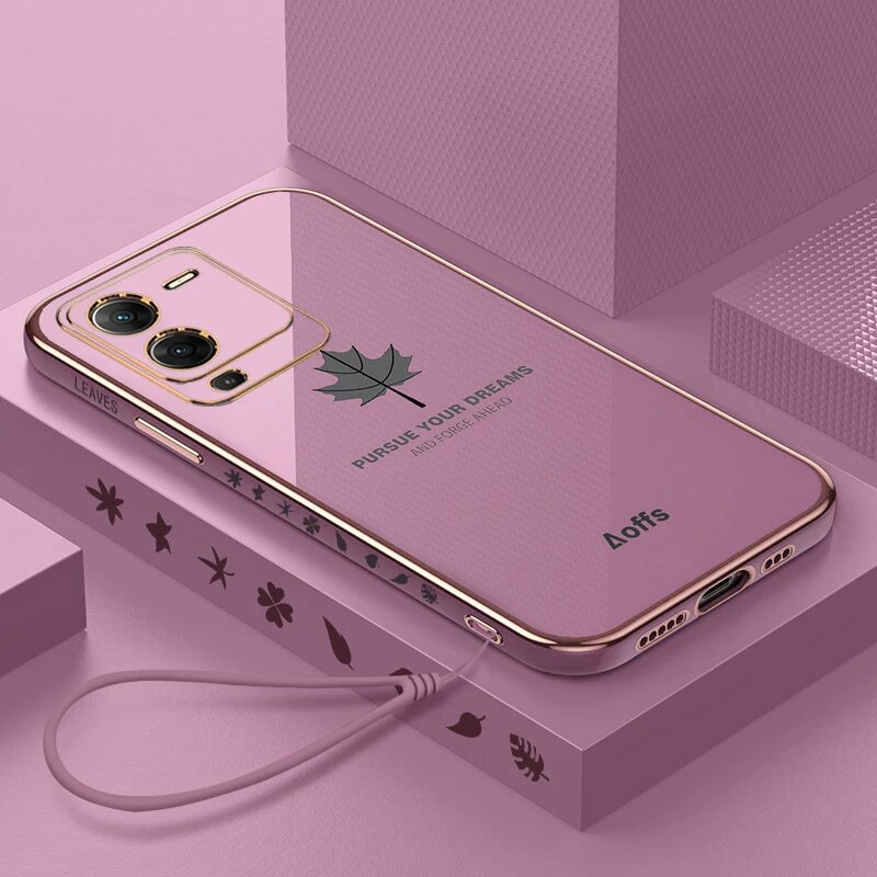 Чехол для vivo S15 в лилово-пурпурном цвете с боковым листом клена, ударопрочный силикон, включает закаленное стекло и