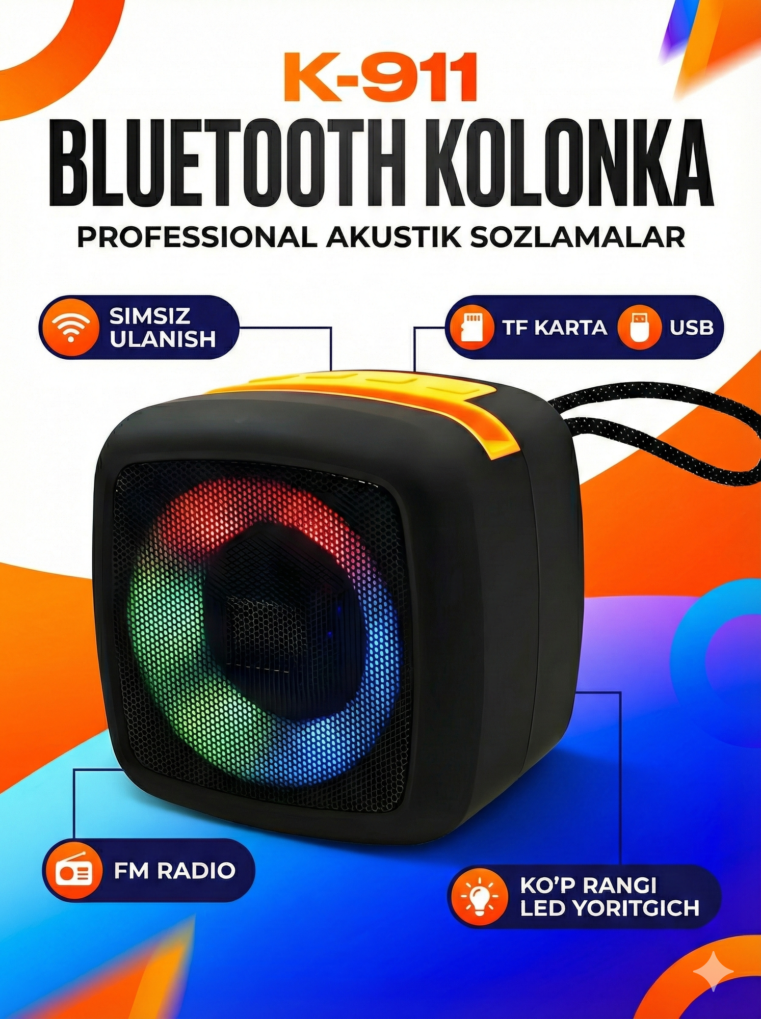 Беспроводная Bluetooth колонка KALONKA X-911, портативная, черный, мощный звук и бас