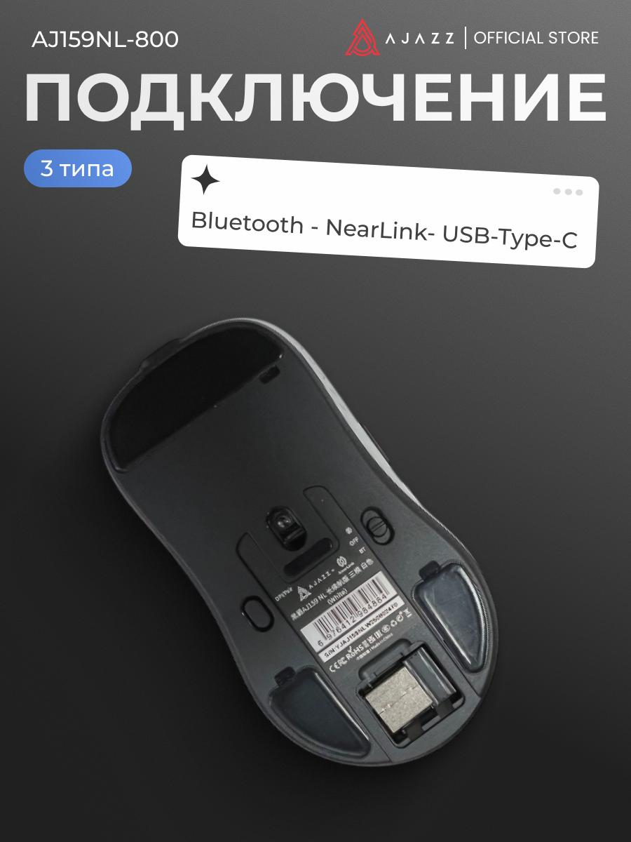 Игровая беспроводная мышь AJAZZ AJ159 NL, белая, 3 типа подключения, Pixart PAW 3311, 800мАч — фото 1