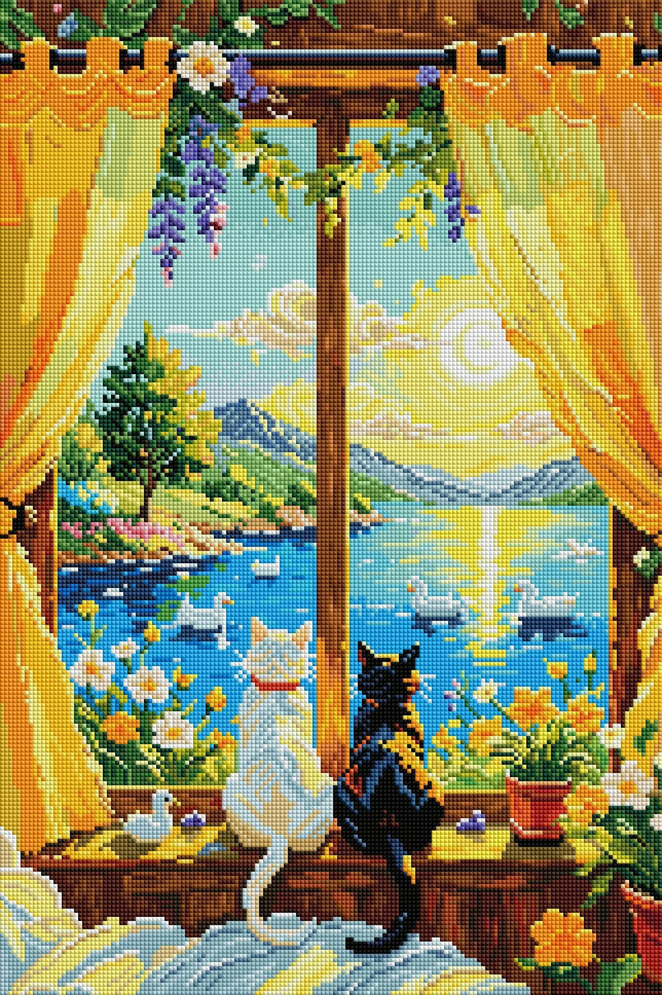Алмазная картина FOREVERYONG "Кошки у Озера" Холст 40x60 см, Резиновые квадратные + AB + FD алмазы, Для взрослых