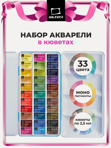 Изображение товара Набор акварели Малевичъ Veroneze, кюветы 2,5 мл, 33 цвета, металлический пенал