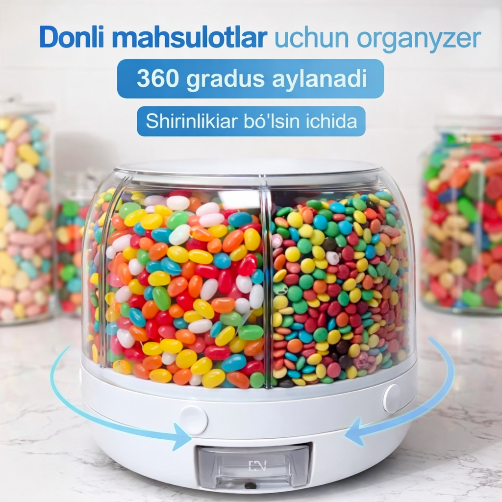 Контейнер для круп, органайзер и кухонный диспенсер, Состоит из 6 секций, Вращается на 360 градусов