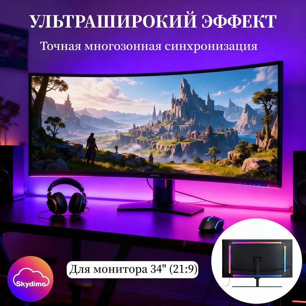 RGB Подсветка для ультраширокого монитора 34 дюйма (21:9) с синхронизацией экрана, LED лента для Ultrawide, Двойное USB питание