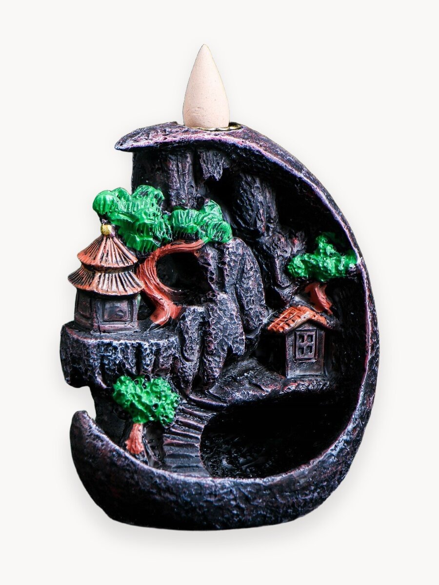 Подставка для благовоний "Деревенька в гора×" 11×7×12 см, дерево, керамика, с аромаконусами в комплекте