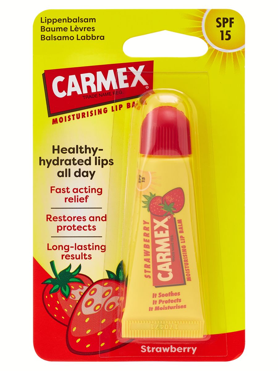 CARMEX Бальзам для губ увлажняющий с ароматом клубники c SPF 15 в тубе, 10 г