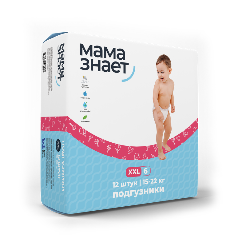 Подгузники "Мама Знает" XXL 12 штук. Для детей от 15кг до 22 кг