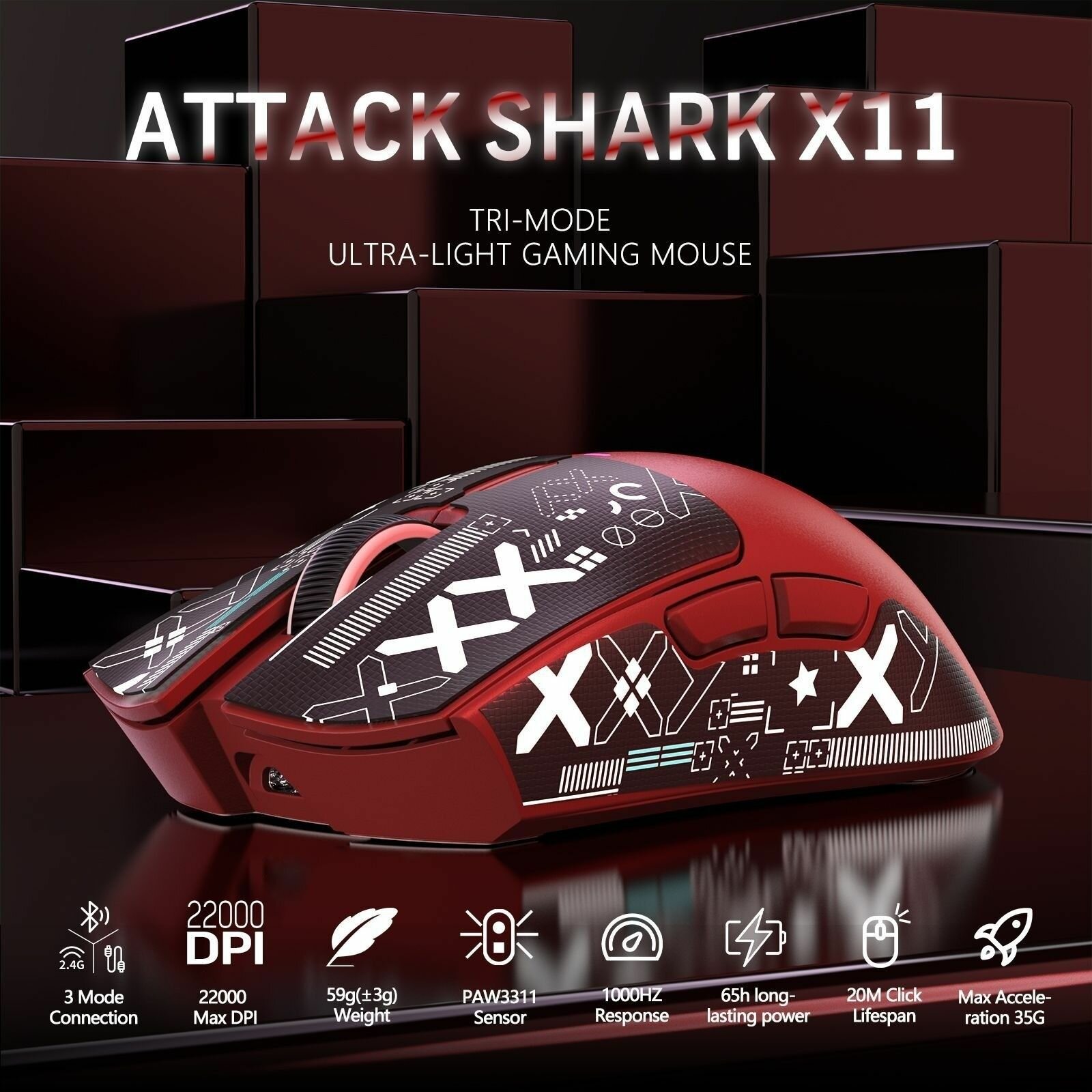 ATTACK SHARK X11 Беспроводная игровая мышь с магнитной зарядной док-станцией RGB, датчиком PixArt PAW3311, легким трехрежимным подключением (59 г), проводным/2,4G/BT, разрешением до 22000 точек на дюйм