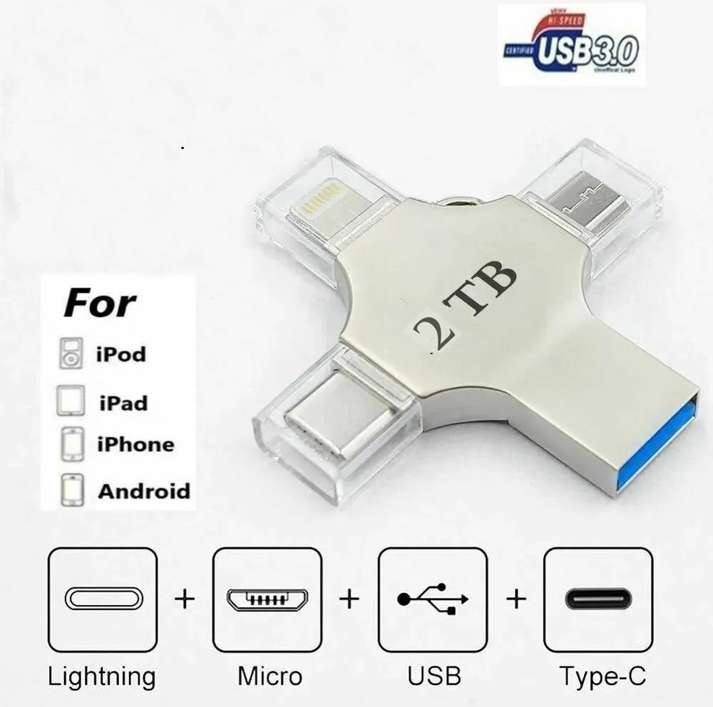 2 ТБ для телефона флеш-накопитель, Apple Lightning, micro USB, Type-C. Флешка 2TB, металлический, ударопрочный.