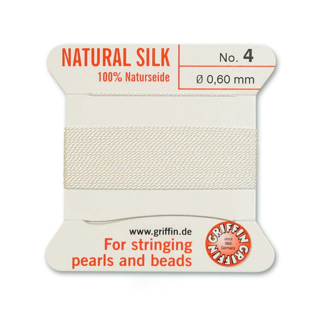 Нить шелковая, Griffin No.4 (0.6мм), молочно-белая, с иглой, моток, 2 метра